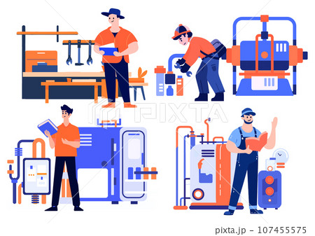 Hand Drawn Technician or engineer with engine in factory in flat style 107455575