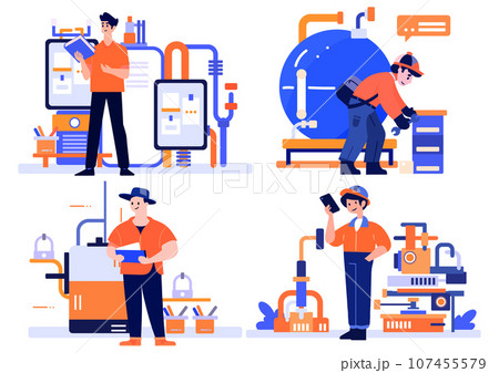 Hand Drawn Technician or engineer with engine in factory in flat style 107455579