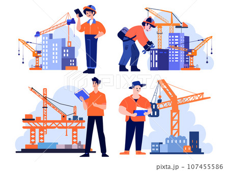 Hand Drawn Engineer or architect with building under construction in flat style Hand Drawn Engineer or architect with building under construction in flat style 107455586