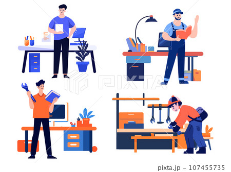 Hand Drawn Engineer or architect in office in flat style 107455735