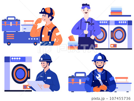 Hand Drawn washing machine repair technician in flat style 107455736