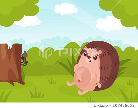 Funny Hedgehog Cartoon Animal on Green Forest Meadow Vector Illustration 107456058