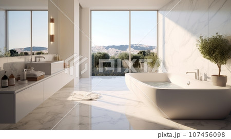 White bathroom with large floor-length windows in a hotel hotel room bathed in sunlight. 107456098