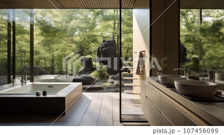 Cozy bathroom in an autonomous eco-house in a summer forest, view from the inside. 107456099