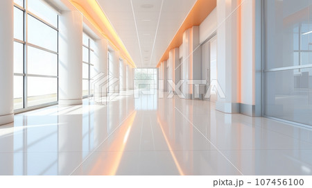 The interior of a hall in a modern building or hospital is white and filled with light. 107456100