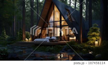Cozy autonomous eco-house in a summer forest near the river.  107456114