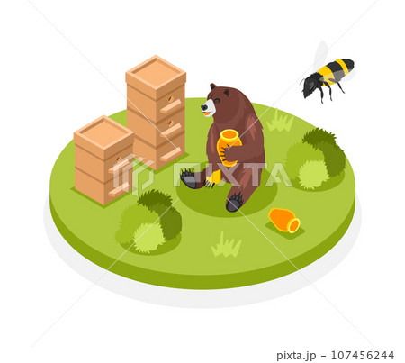 Bear And Honey Isometric Composition 107456244
