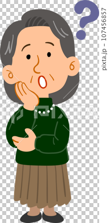 Senior woman wearing a green sweater with doubts, whole body Senior woman wearing a green sweater with doubts, whole body 107456857