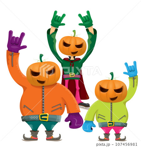 Man in halloween costume with pumpkin mask isolated on white background. Happy Halloween rock n roll party background and poster design template with funny Halloween cartoon character. Man in halloween costume with pumpkin mask isolated on white background. Happy Halloween rock n roll party background and poster design template with funny Halloween cartoon character. 107456981