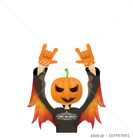 Man in halloween costume with pumpkin mask isolated on white background. Happy Halloween rock n roll party background and poster design template with funny Halloween cartoon character. Man in halloween costume with pumpkin mask isolated on white background. Happy Halloween rock n roll party background and poster design template with funny Halloween cartoon character. 107457001