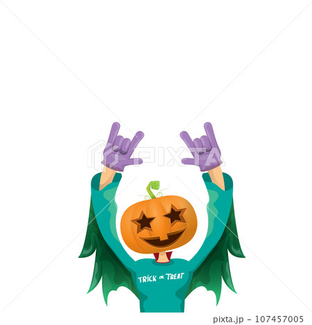 Man in halloween costume with pumpkin mask isolated on white background. Happy Halloween rock n roll party background and poster design template with funny Halloween cartoon character. 107457005