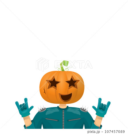 Man in halloween costume with pumpkin mask isolated on white background. Happy Halloween rock n roll party background and poster design template with funny Halloween cartoon character. 107457089