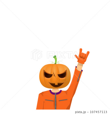 Man in halloween costume with pumpkin mask isolated on white background. Happy Halloween rock n roll party background and poster design template with funny Halloween cartoon character. Man in halloween costume with pumpkin mask isolated on white background. Happy Halloween rock n roll party background and poster design template with funny Halloween cartoon character. 107457113