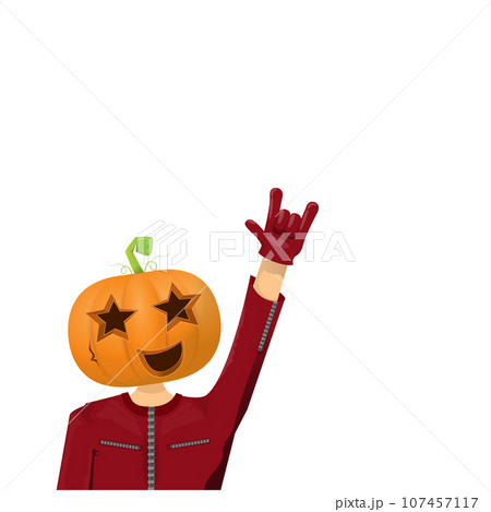 Man in halloween costume with pumpkin mask isolated on white background. Happy Halloween rock n roll party background and poster design template with funny Halloween cartoon character. 107457117