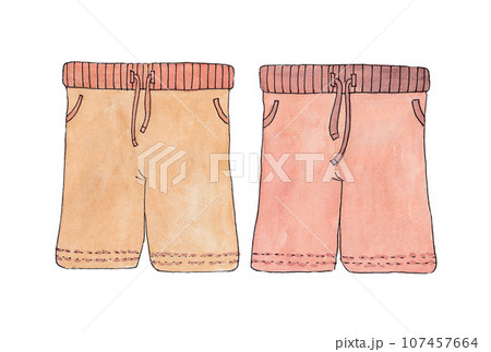水性ペンと透明水彩絵の具で描いたブラウンの半ズボンのイラストセット 107457664