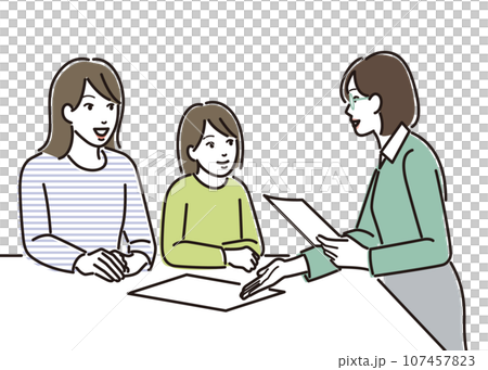 Parent and child receiving explanation from teacher 107457823