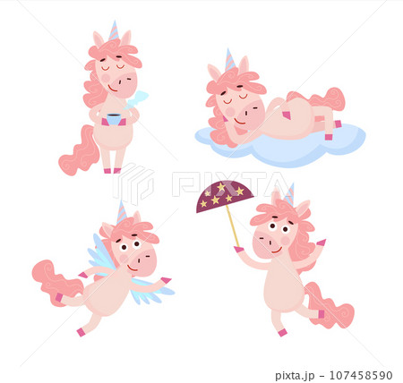 Set of funny cartoon pink Unicorn. Happy unicorn character holding cup of tea, dreaming on the cloud, walking with umbrella and flying on wings 107458590