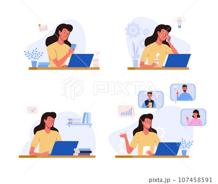 Office working process Set. Woman sitting at the table with laptop, talking by phone, communicates online with colleagues Office working process Set. Woman sitting at the table with laptop, talking by phone, communicates online with colleagues 107458591