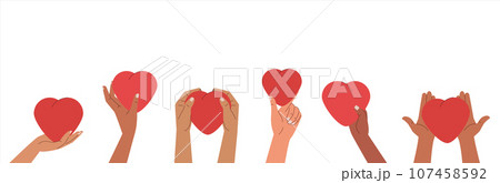 Human hands holding and giving red hearts. Concept of sharing love, compassion with people. Love symbols banner 107458592