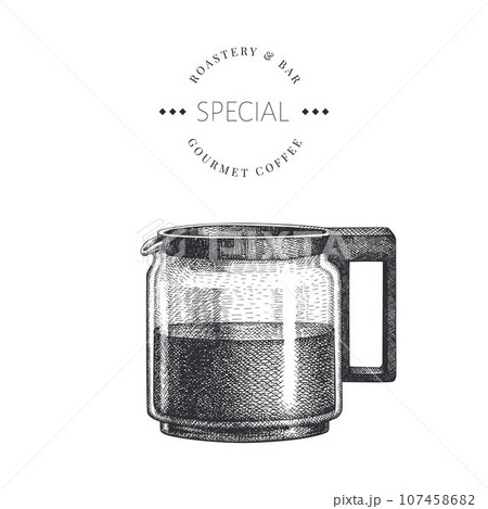 Alternative Coffee Maker Illustration. Vector Hand Drawn Isolated Glass Coffee Pot. Vintage Style Filter Coffee Maker Alternative Coffee Maker Illustration. Vector Hand Drawn Isolated Glass Coffee Pot. Vintage Style Filter Coffee Maker 107458682