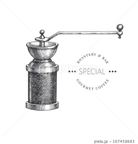 Manual Coffee Grinder Illustration. Vector Hand Drawn Isolated Mill. Vintage Style Coffee Equipment Manual Coffee Grinder Illustration. Vector Hand Drawn Isolated Mill. Vintage Style Coffee Equipment 107458683
