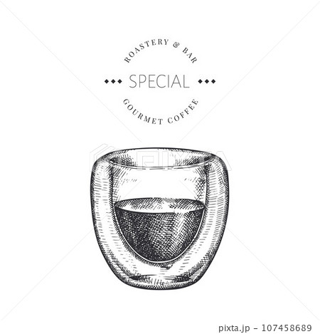 Coffee Cup Illustration. Vector Hand Drawn Isolated Espresso Cup. Vintage Style Beverage 107458689