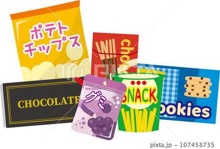スナック菓子の盛り合わせイメージイラスト 107458735