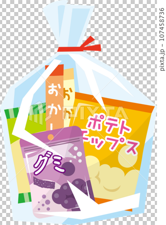 Illustration of an assortment of snacks in a plastic bag 107458736