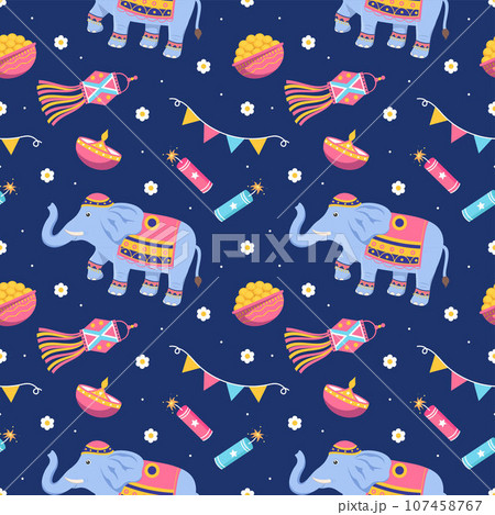 Happy Diwali Seamless Pattern Illustration Design with Light Festival of India Ornament in Cartoon Hand Drawn Template 107458767