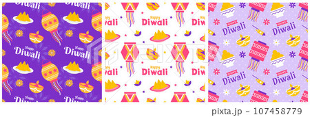 Set of Happy Diwali Seamless Pattern Illustration Design with Light Festival of India Ornament in Cartoon Hand Drawn Template Set of Happy Diwali Seamless Pattern Illustration Design with Light Festival of India Ornament in Cartoon Hand Drawn Template 107458779