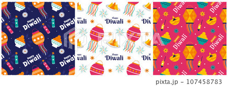 Set of Happy Diwali Seamless Pattern Illustration Design with Light Festival of India Ornament in Cartoon Hand Drawn Template Set of Happy Diwali Seamless Pattern Illustration Design with Light Festival of India Ornament in Cartoon Hand Drawn Template 107458783