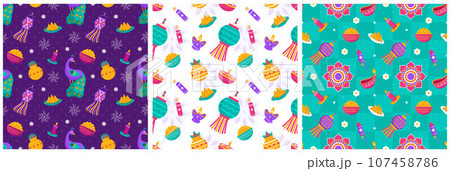 Set of Happy Diwali Seamless Pattern Illustration Design with Light Festival of India Ornament in Cartoon Hand Drawn Template 107458786