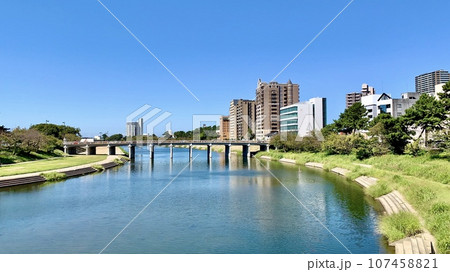 秋晴れの青空に映える殿橋近辺の街並み〈乙川河川緑地/愛知県岡崎市〉 107458821