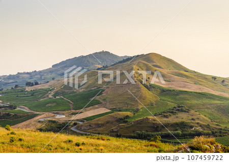 Sicily, a view of the mountainous landscape inland. Sicily, a view of the mountainous landscape inland. 107459722