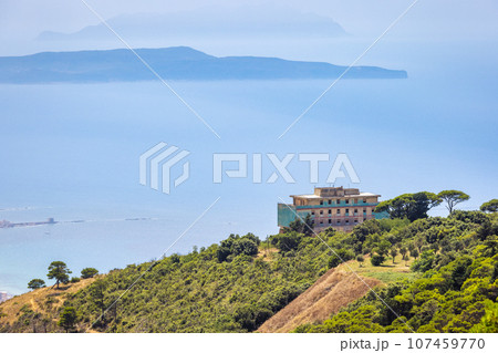 View of sea and islands from Erice town in northwestern Sicily. 107459770