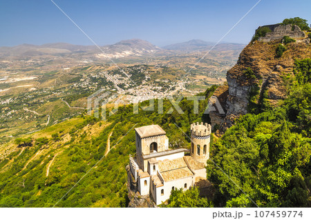 Scenic view from Erice at countryside with Torretta Pepoli chateau 107459774