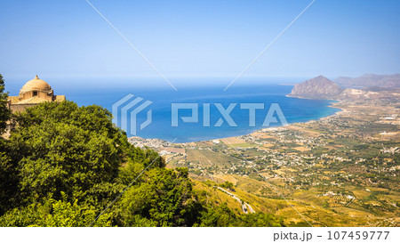 Scenic view from Erice town at sea coast. 107459777