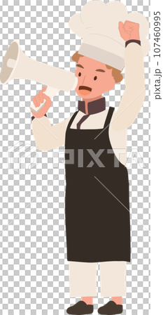 cute Child Cook in Chef Uniform Making Announcement with Megaphone cute Child Cook in Chef Uniform Making Announcement with Megaphone 107460995