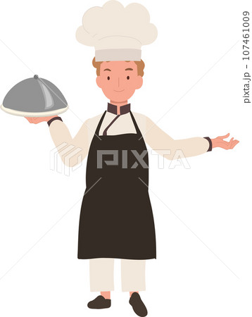 Cute Young Chef in Chef's Uniform Serving a Gourmet Meal with Welcome Sign. 107461009