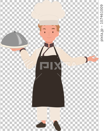 Cute Young Chef in Chef's Uniform Serving a Gourmet Meal with Welcome Sign. 107461009