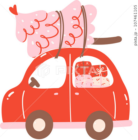Cute Red Christmas car with pine tree and gifts Cute Red Christmas car with pine tree and gifts 107461105