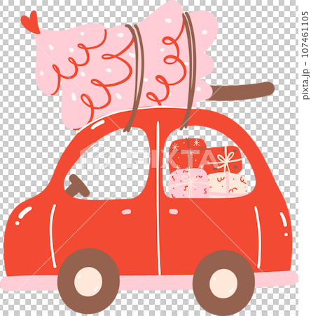 Cute Red Christmas car with pine tree and gifts Cute Red Christmas car with pine tree and gifts 107461105