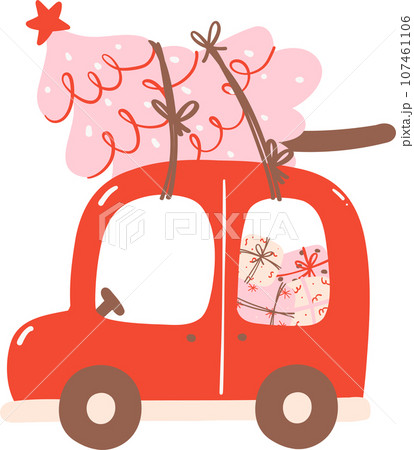 Cute Red Christmas car with pine tree and gifts 107461106