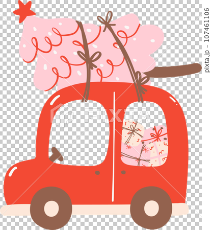 Cute Red Christmas car with pine tree and gifts 107461106