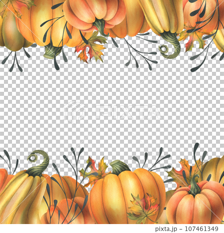 Orange autumn pumpkins with maple leaves and twigs. Watercolor illustration, hand drawn. Frame, template, board on a white background Orange autumn pumpkins with maple leaves and twigs. Watercolor illustration, hand drawn. Frame, template, board on a white background 107461349