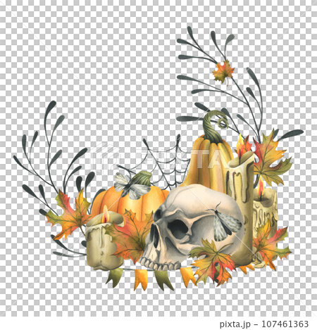Human skull with orange pumpkins, candles, night moths, cobwebs and autumn leaves. Hand drawn watercolor illustration for Halloween and Day of the Dead. Wreath on a white background Human skull with orange pumpkins, candles, night moths, cobwebs and autumn leaves. Hand drawn watercolor illustration for Halloween and Day of the Dead. Wreath on a white background 107461363