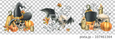 Human skulls in hats with bat wings, pumpkins, autumn leaves and candles. Hand drawn watercolor illustration for Halloween. Set of different compositions on a white background. 107461364