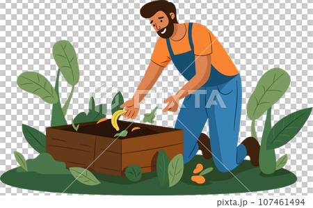 The man is disposing of organic food trash in the compost pit. food waste, zero waste, recycle Concept. The man is disposing of organic food trash in the compost pit. food waste, zero waste, recycle Concept. 107461494