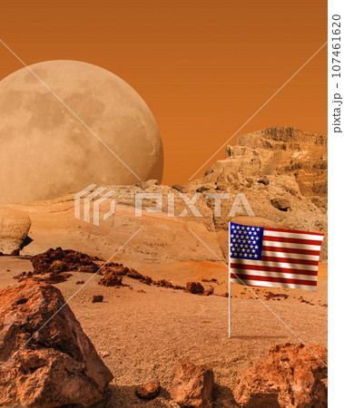 Red planet with dry land landscape and American flag, science fiction background. Red planet with dry land landscape and American flag, science fiction background. 107461620