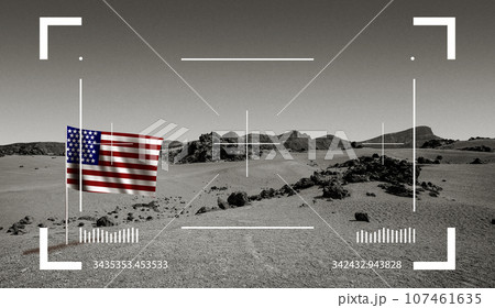 Futuristic cosmic science background with US flag Mars rover through viewfinder display 107461635